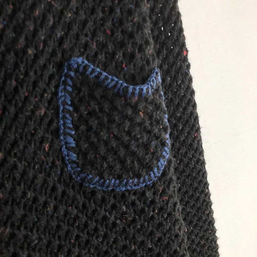 RELAIS Crochet Loose Knit Coatigan Sz‎ L Black & Blue Button Up Cardigan Sweater